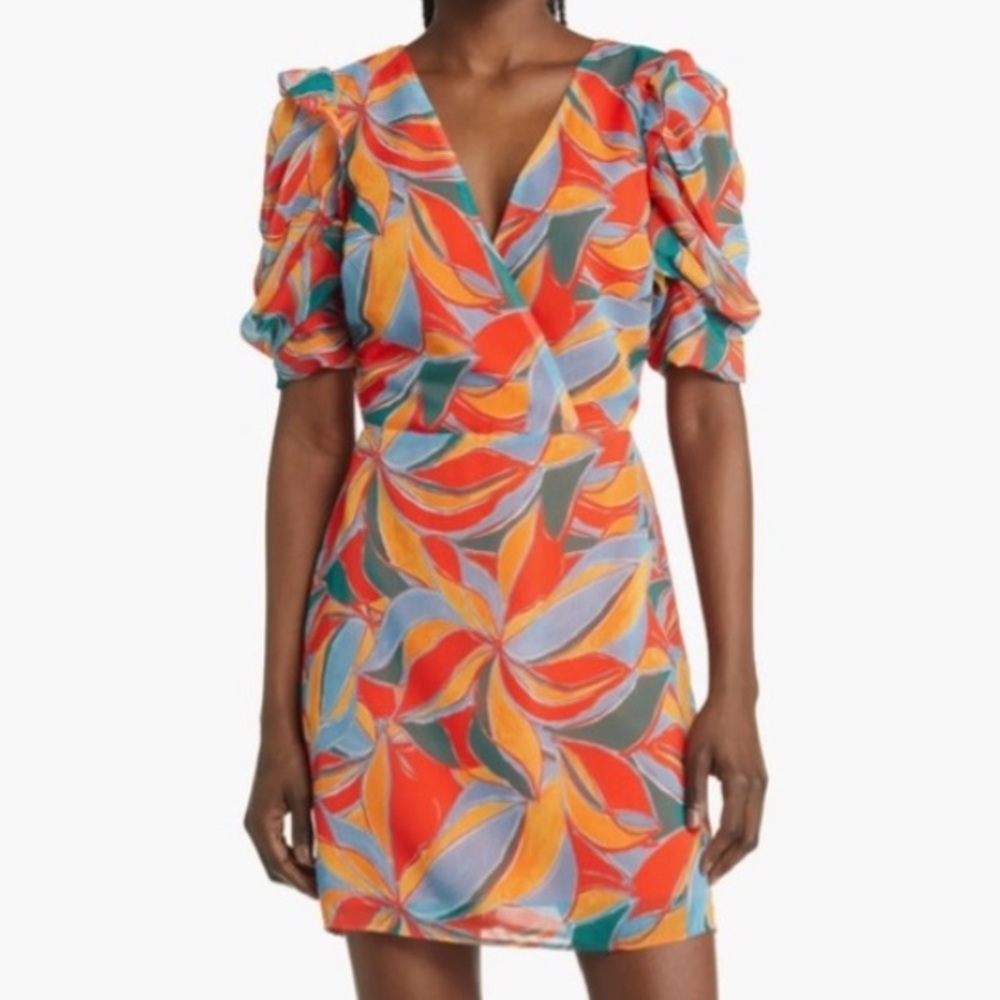 Adelyn Rae Pauline Puff Sleeve Blood Orange Multi Leaf Print Mini Dress. Size M. - Picture 5 of 16